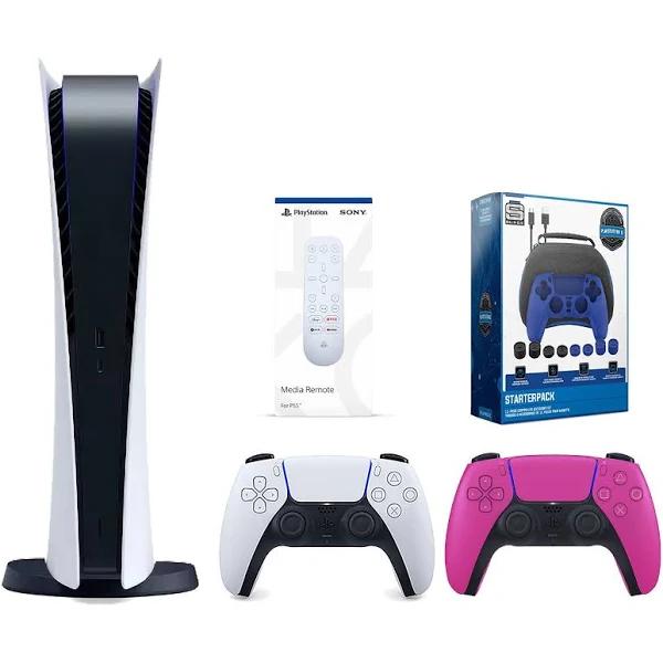 Sony PlayStation 5 Digital Edition Console with Extra Pink Controller, Media Remote and Surge Pro Gamer Starter Pack 11-Piece Accessory Bundle