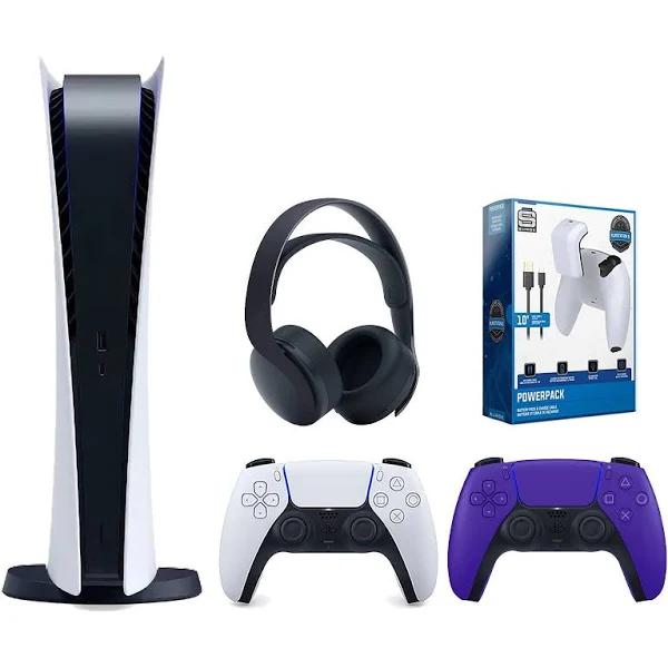 Sony PlayStation 5 Digital Edition Console with Extra Purple Controller, Black Pulse 3D Headset and Surge PowerPack Battery Pack & Charge Cable Bundle