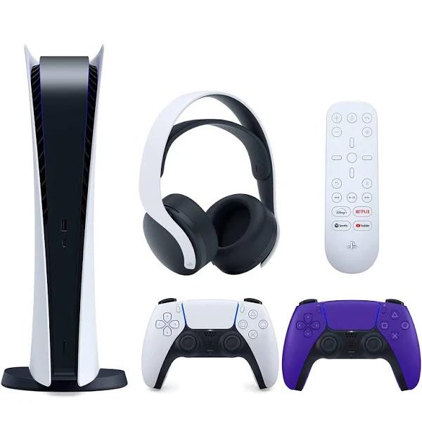 Sony PlayStation 5 Digital Version (Sony PS5 Digital) with Extra Galactic Purple Controller, White Pulse 3D Headset and Media Remote Bundle