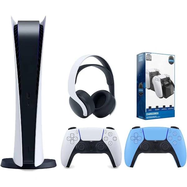 Sony PlayStation 5 Digital Edition Console with Extra Blue Controller, White Pulse 3D Headset and Surge Dual Controller Charge Dock Bundle