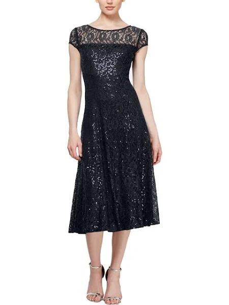 Slny Womens Lace Sequined Midi Dress Black 2