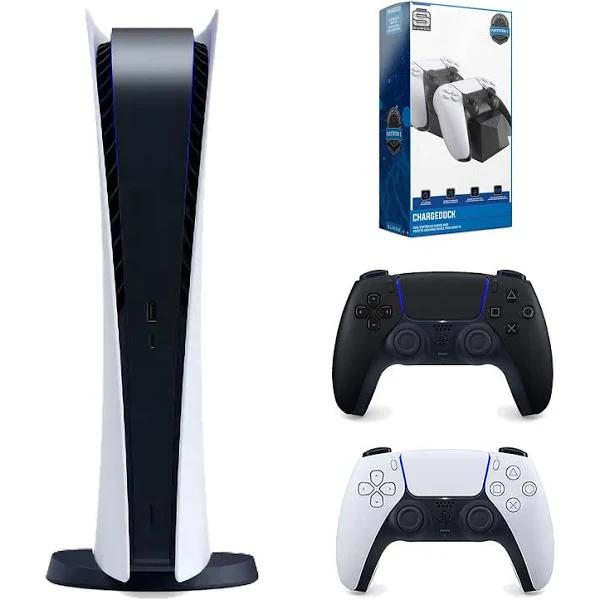 Sony PlayStation 5 Digital Edition Console with Extra Black Controller and Surge Dual Controller Charge Dock Bundle