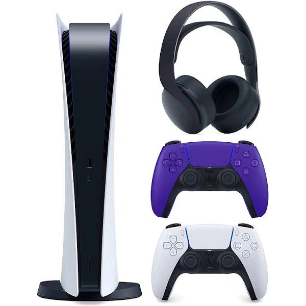 Sony PlayStation 5 Digital Version (Sony PS5 Digital) with Extra Galactic Purple Controller and Black Pulse 3D Headset Bundle