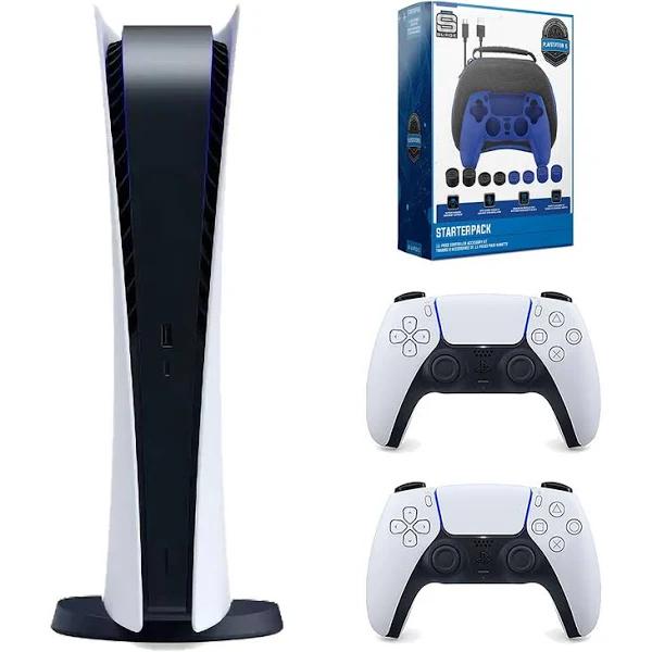 Sony PlayStation 5 Digital Edition Console with Extra White Controller and Surge Pro Gamer Starter Pack 11-Piece Accessory Bundle