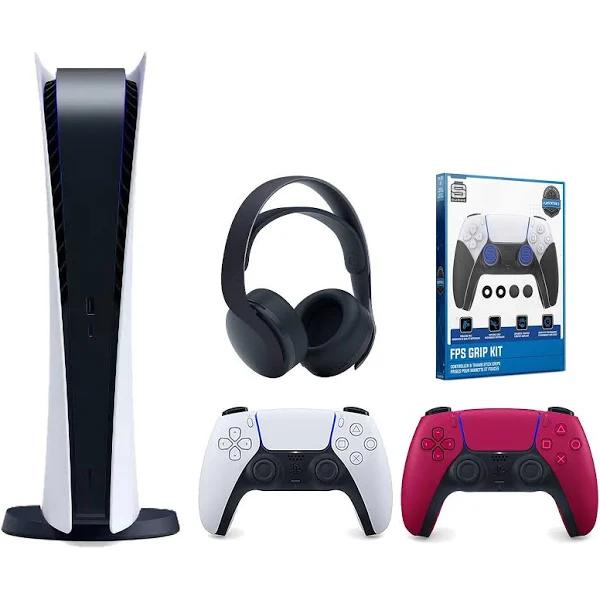 Sony PlayStation 5 Digital Edition Console with Extra Red Controller, Black Pulse 3D Headset and Surge fps Grip Kit with Precision Aiming Rings Bundle