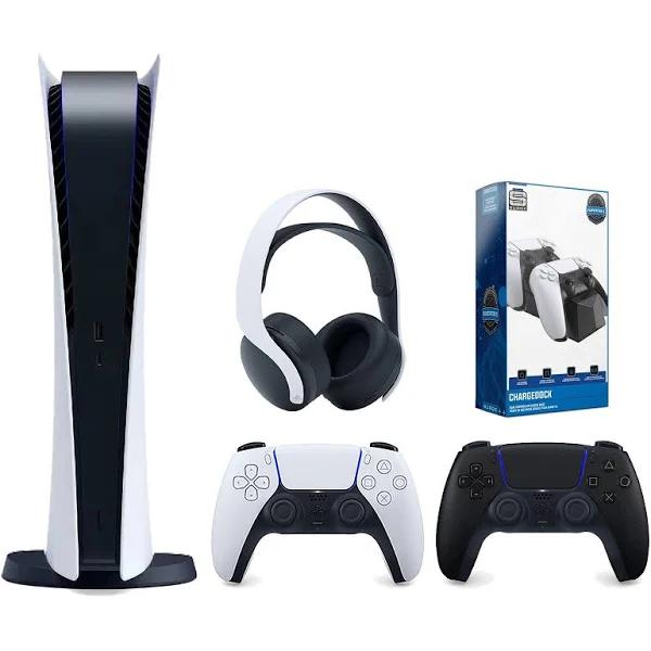 Sony PlayStation 5 Digital Edition Console with Extra Black Controller, White Pulse 3D Headset and Surge Dual Controller Charge Dock Bundle