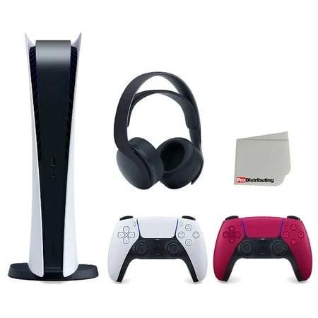 Sony PlayStation 5 Digital Edition Console (Japan Import) with Extra Red Controller and Black Pulse 3D Headset Bundle with Cleaning Cloth