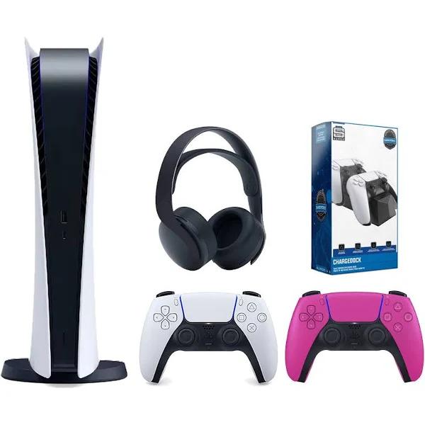 Sony PlayStation 5 Digital Edition Console with Extra Pink Controller, Black Pulse 3D Headset and Surge Dual Controller Charge Dock Bundle