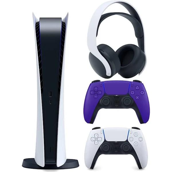 Sony PlayStation 5 Digital Version (Sony PS5 Digital) with Extra Galactic Purple Controller and White Pulse 3D Headset Bundle