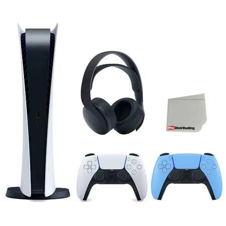 Sony PlayStation 5 Digital Edition Console (Japan Import) with Extra Blue Controller and Black Pulse 3D Headset Bundle with Cleaning Cloth