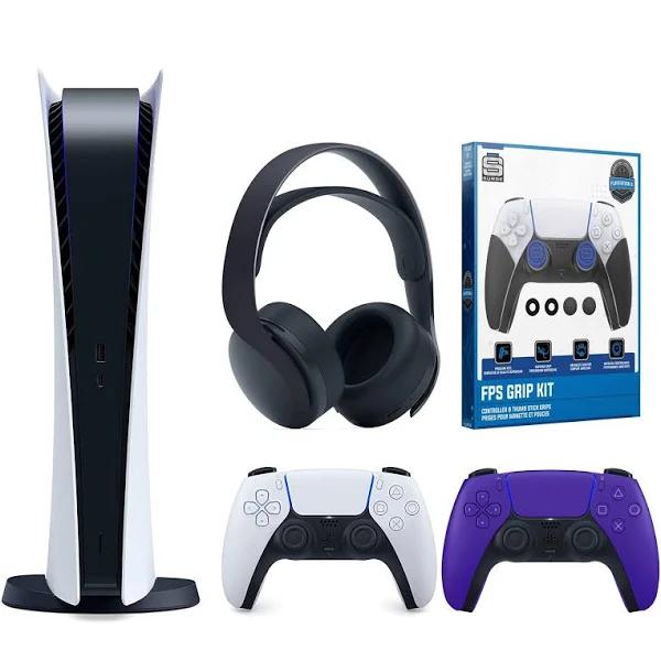 Sony PlayStation 5 Digital Version (Sony PS5 Digital) with Extra Galactic Purple Controller, Black Pulse 3D Headset and Control Grip Pack Bundle