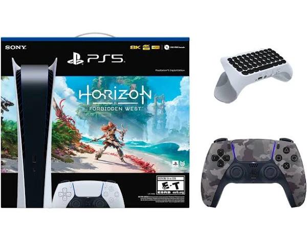 Sony PlayStation 5 Horizon Forbidden West Digital Edition with Extra Gray Camo Controller and QuickType 2.0 Controller Keypad Bundle