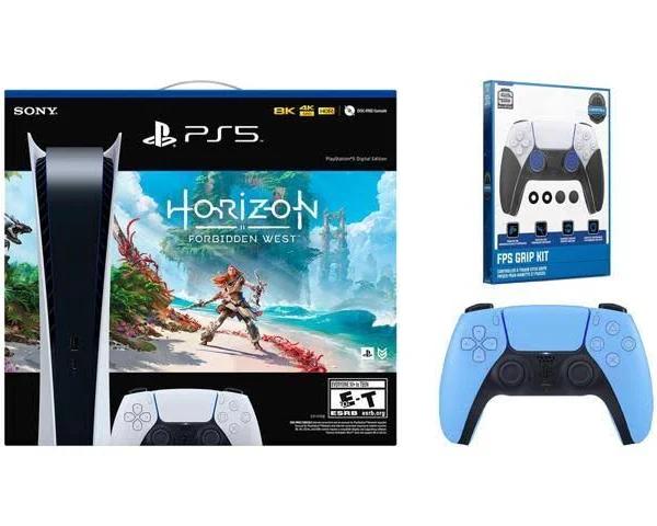 Sony PlayStation 5 Digital Edition Horizon Forbidden West Bundle with Extra Controller and Grip Kit - Starlight Blue