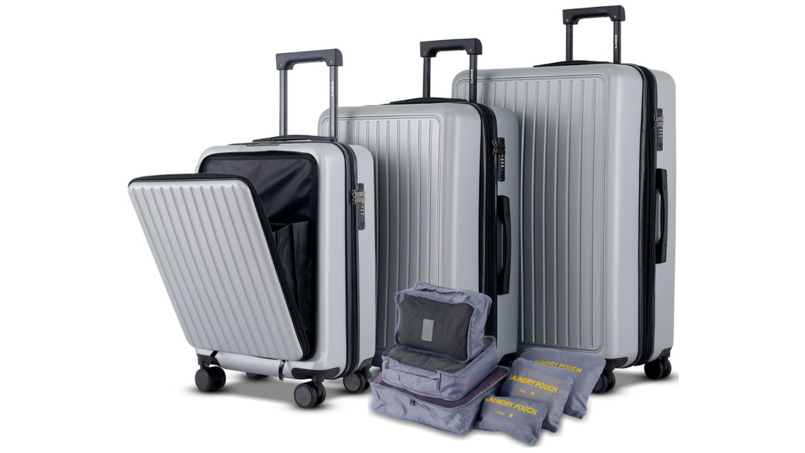 3 Piece Luggage Set Silver Hard Case Carry On Travel Suitcases