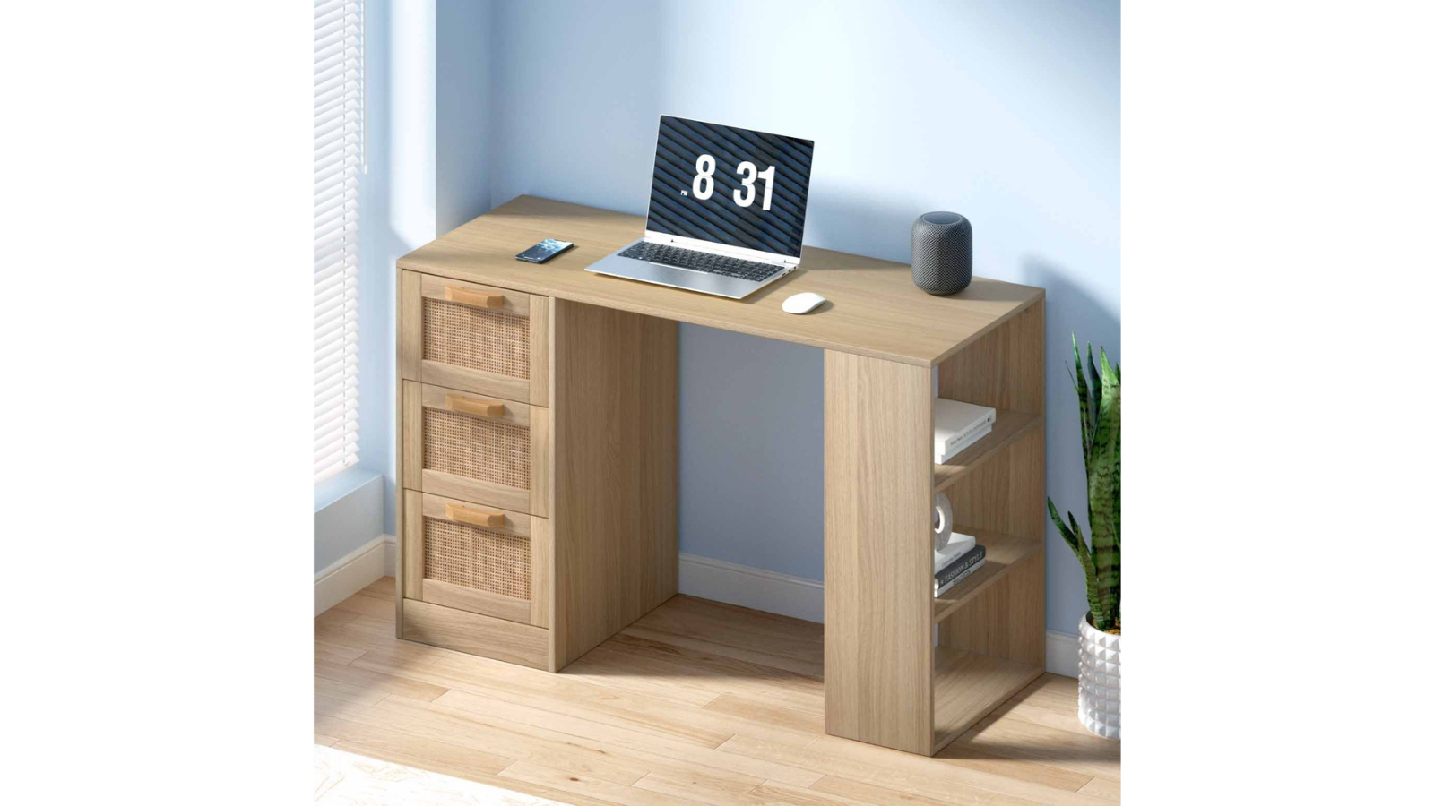 120cm Computer Desk Drawer Shelf Home Office Study Table Rattan - Oak