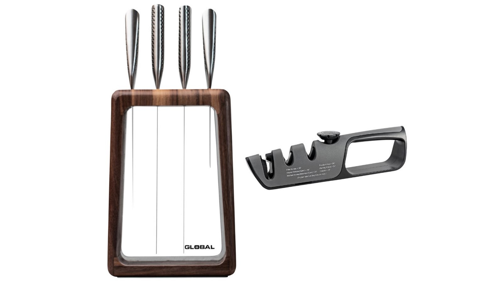 Global Hashira 5 Piece Knife Block Set - Walnut With Bonus Acuminate Adjustable Knife Sharpener