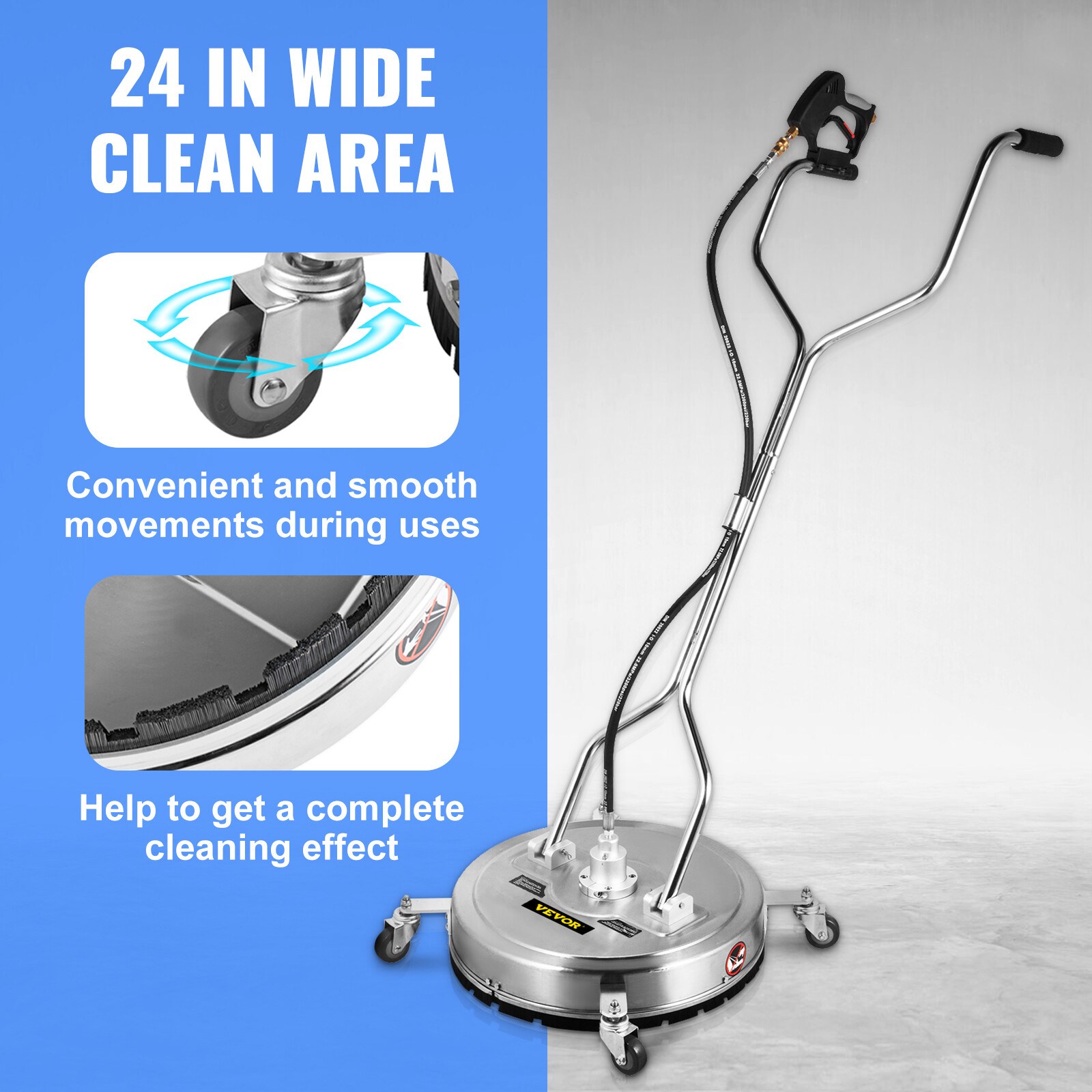 VEVOR Pressure Washer Surface Cleaner 24'' Max 4000 Psi by 2 Strong Nozzles For Driveways Sidewalks Patios Stainless Steel Frame w/Rotating Dual