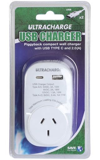 Ultracharge Power Adaptor Wall Plug Outlet Socket w/ Dual USB/USB-C Port White