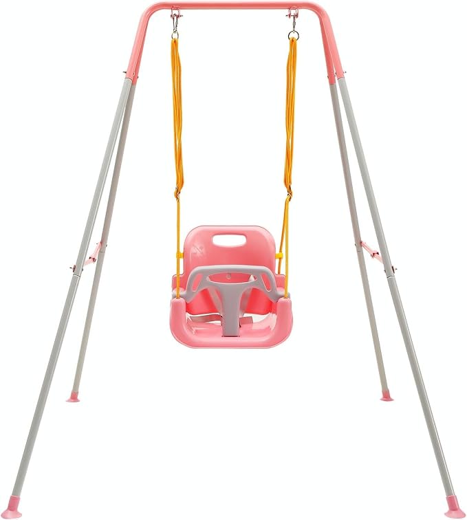 FUNLIO 3-in-1 Swing Set for Toddler with 4 Sandbags, Heavy-Duty Kid Swing Set with Safety Harness, for Backyard, Indoor/Outdoor Play, Folding Metal