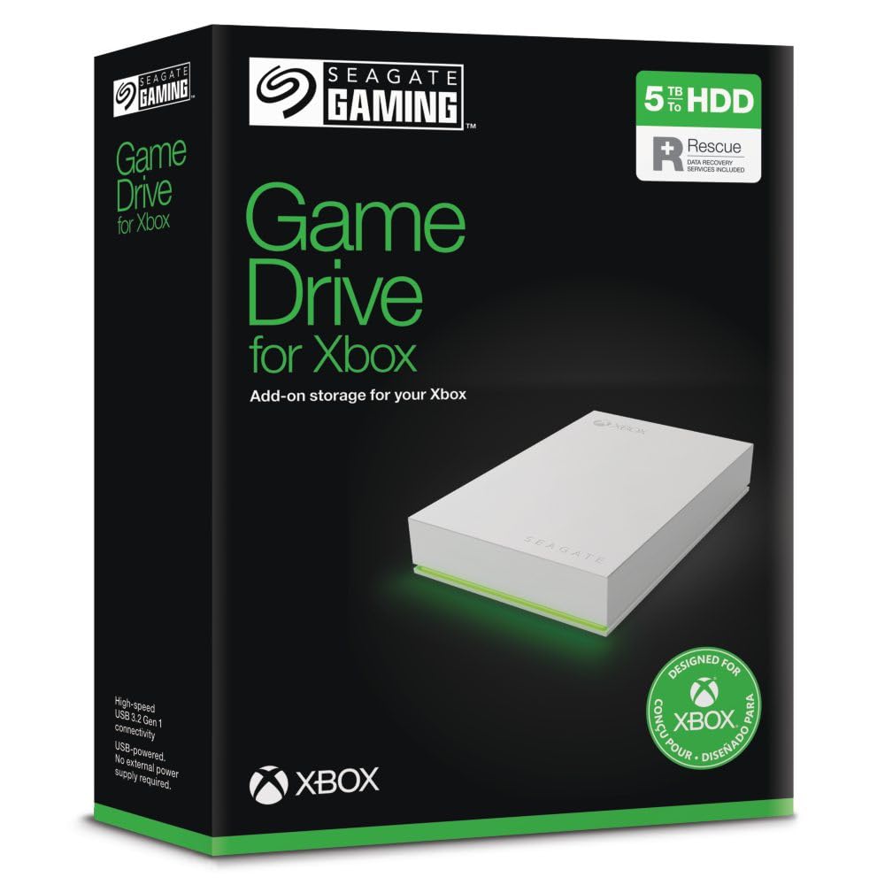 Seagate Game Drive for Xbox, 5TB, External Hard Drive Portable, USB 3.2 Gen 1, White with Built-in Green LED bar, Xbox Certified, 2 Year Rescue