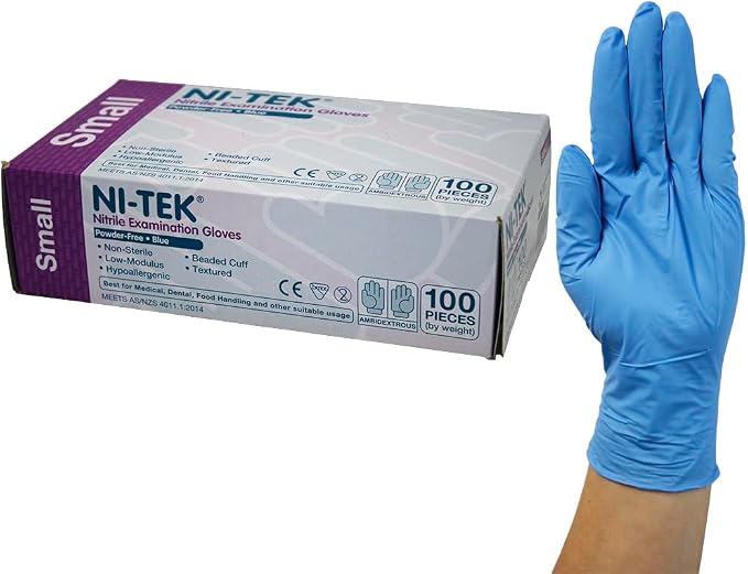 Ni-Tek Nitrile Gloves, Blue, Powder Free, Extra Large, Long Cuff 300 mm, 100 Per Box