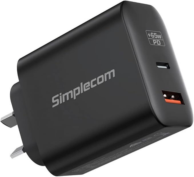 Simplecom CU265 Dual Port PD 65W GaN Fast Wall Charger USB-C + USB-A for Phone Laptop