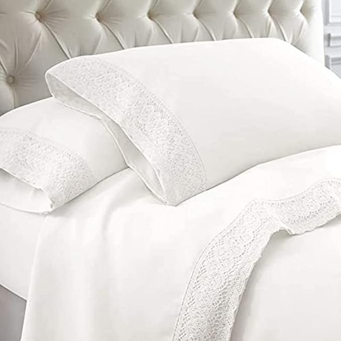 Ramesses CROCHET-LACE Microfibre Sheet Set (White/White) - Double