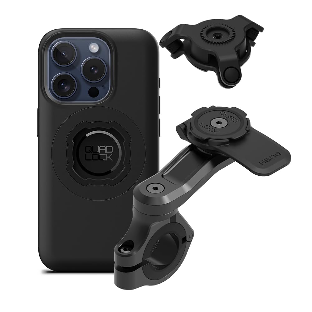 Quad Lock Motorcycle Handlebar Phone Mount PRO Kit with Vibration Dampener and iPhone 15 Pro MAG Case