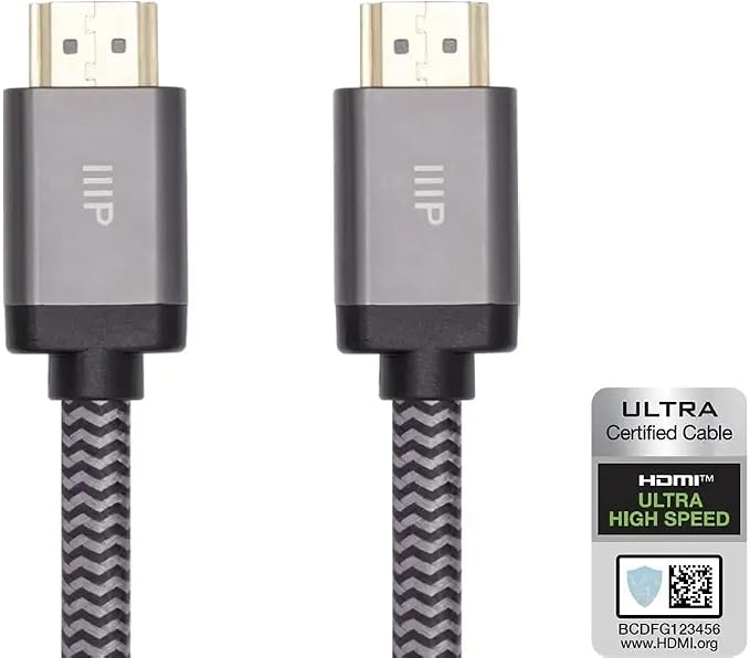 Monoprice 8K Certified Ultra High Speed HDMI Cable - Braided - 8K@60Hz, 4K@120Hz, 48Gbps, HDR, VRR, CL2 In-Wall Rated, 20ft, Black