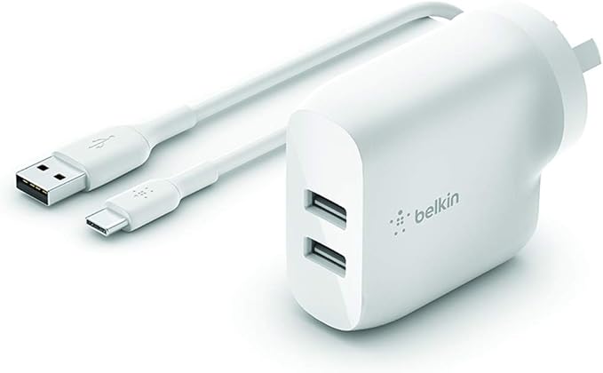 Belkin BoostCharge Dual USB-A Wall Charger 24W USB-A to USB-C Cable - White