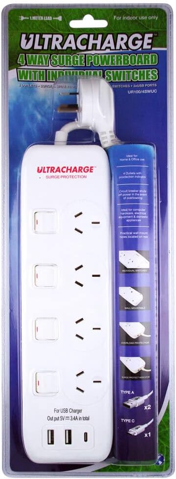 Ultracharge Power Board 4 Switch Surge w/ 3x USB 3.4A