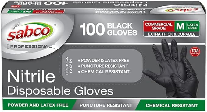 Sabco Medium Black Nitrile Disposable Gloves - Box of 100
