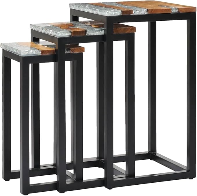 vidaXL Nesting Tables 3 Pcs Solid Teak Wood and Polyresin