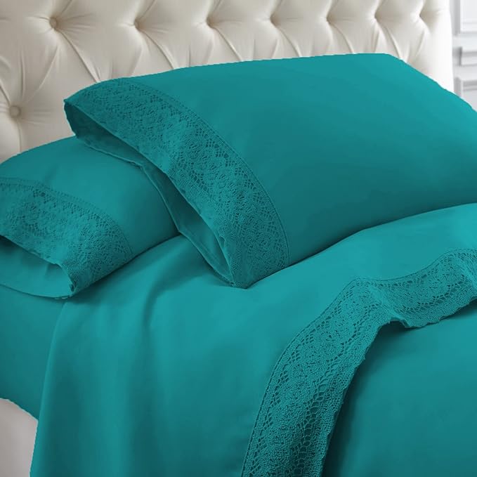 Shangri La Crochet Lace Microfibre Sheet Set, King Single, Teal