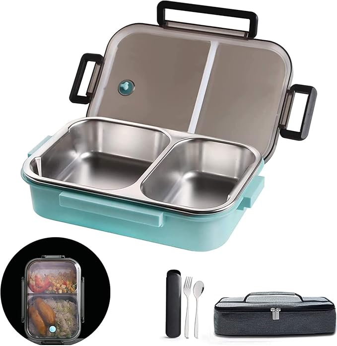 Insulated Bento Box,2 Compartments Bento Lunch Box With Lid and Portable Utensils,stainless Steel Thermos Bento Lunch Box Leakproof Food Containers