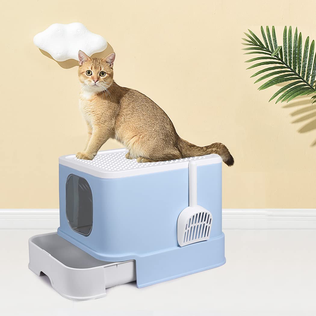Cat Litter Box Fully Enclosed Kitty Toilet Trapping Odor Control Basin Blue