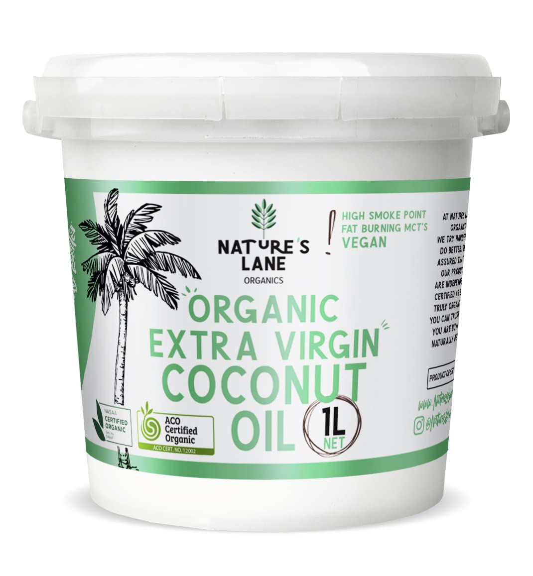 Natures Lane Organic Extra Virgin Coconut Oil Pail 1 Liter