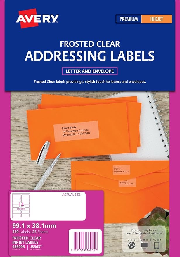Avery J8563 Inkjet Labels, Clear, 99.1x38.1mm, Pack/350