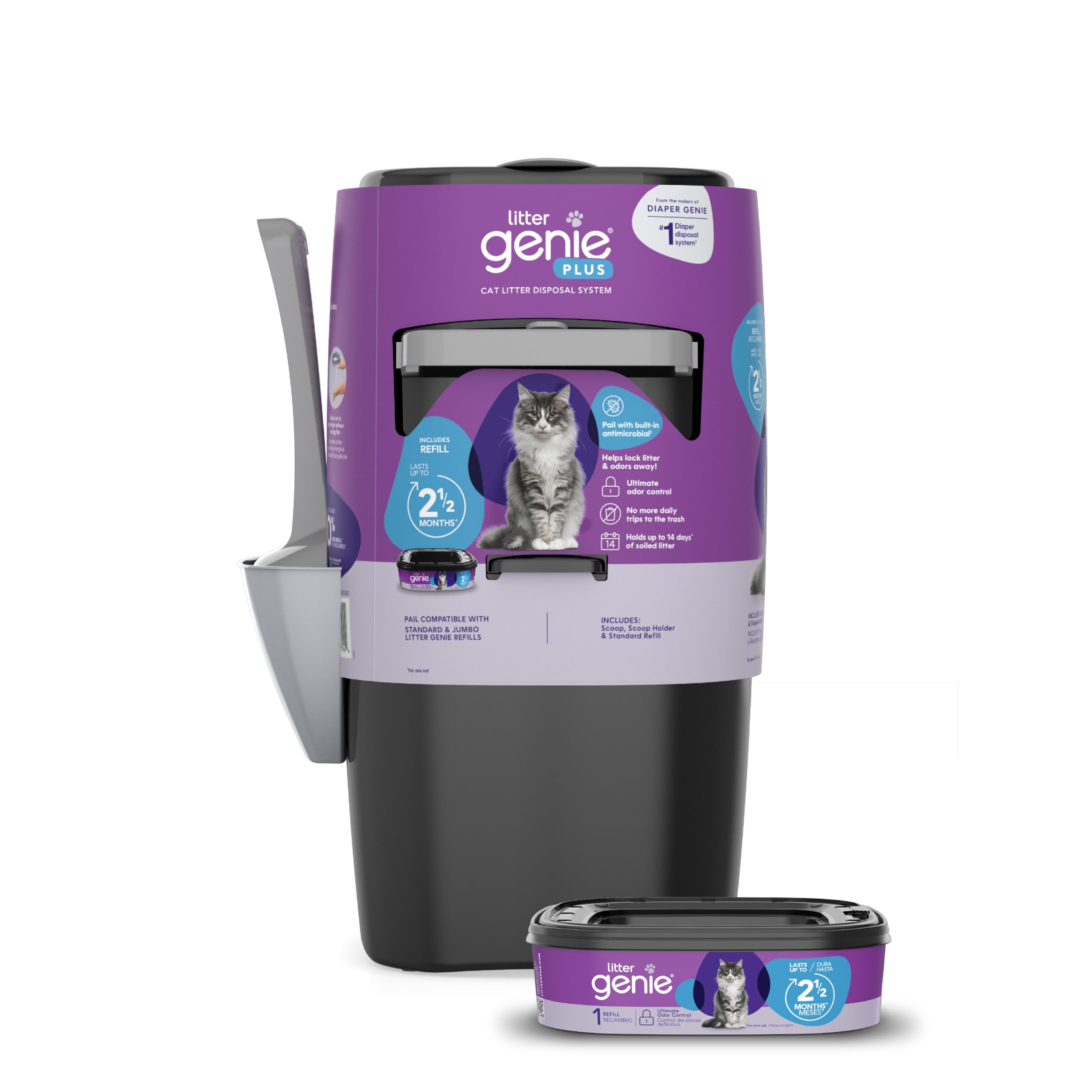 Litter Genie Plus Pail (Black) | Cat Litter Waste Disposal System for Odor Control | Includes 1 Square Refill Bag