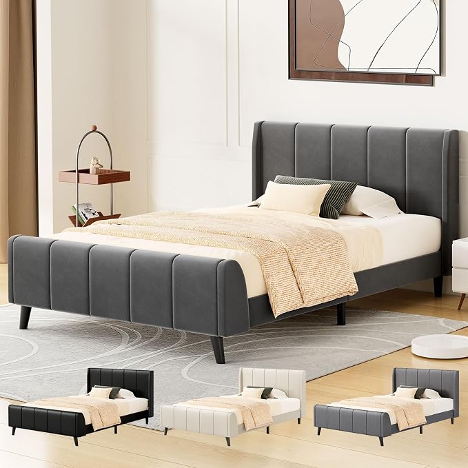 ALFORDSON Bed Frame King Size Tufted Headboard Base Beige Fabric HUNDOLF