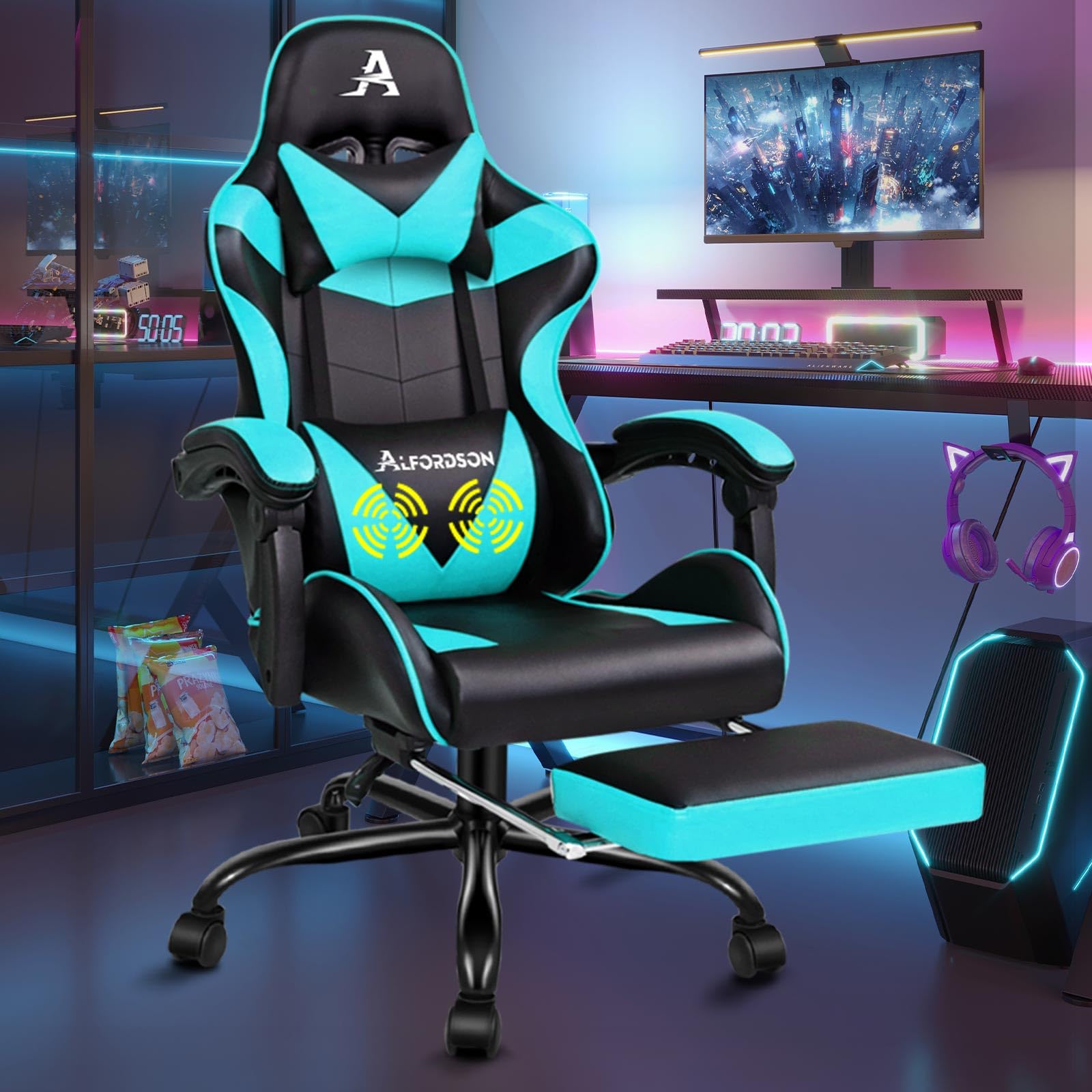 ALFORDSON Gaming Chair Office Executive Racing Footrest Seat Pu Leather Cyan