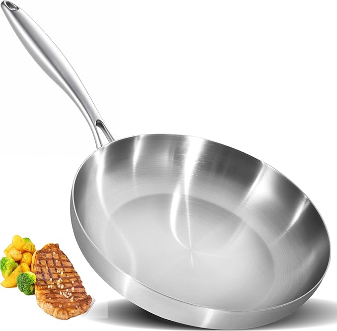 LOLYKITCH Tri-Ply Stainless Steel 12 Inch Frying Pan Skillet with Ergonomic Handle, Compatible with Induction Stoves, Gas Stoves, Ceramic Stoves,