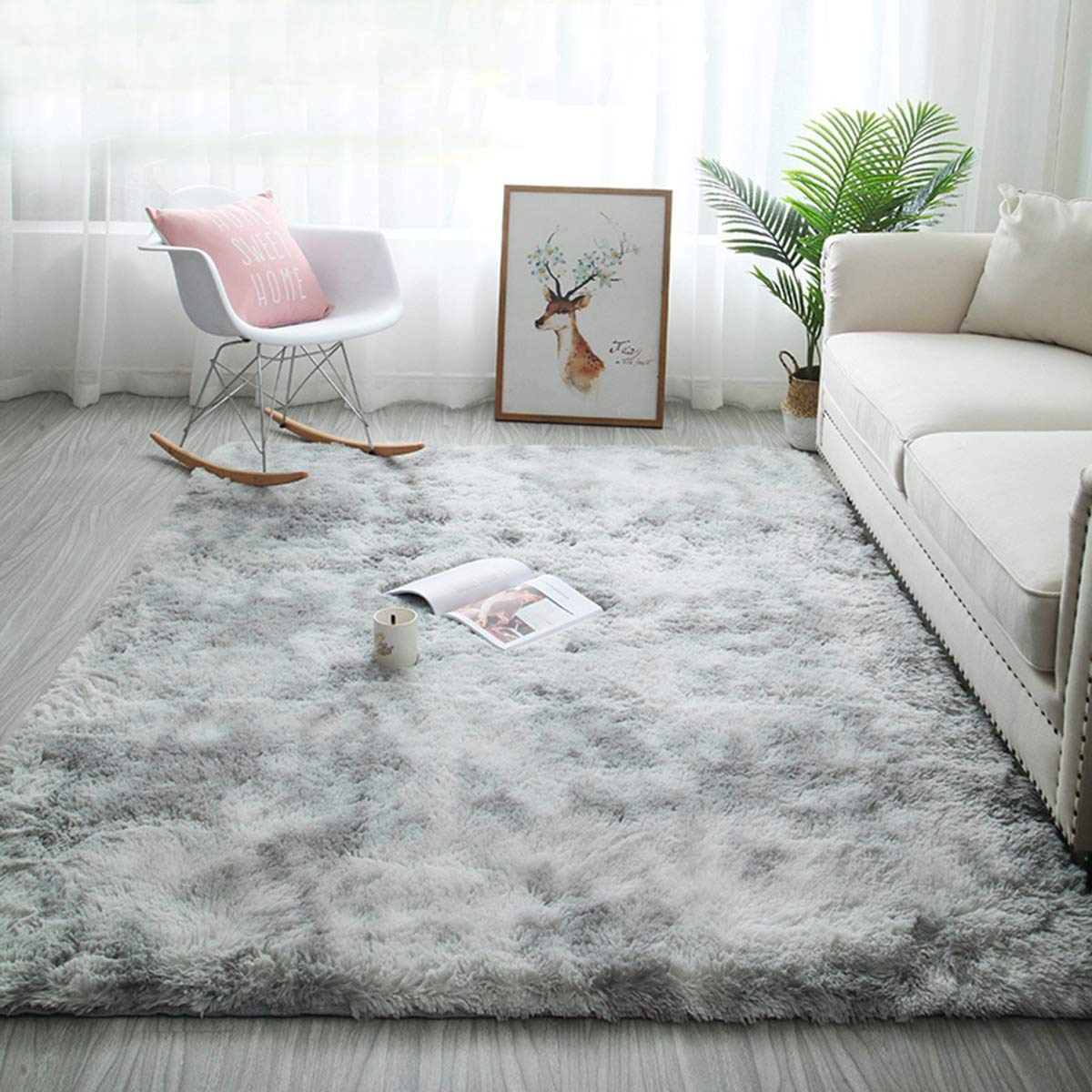 Tinyboy-hbq Area Rugs Fluffy Bedroom Carpet Soft Floor Mat Anti-slip Living Room Rugs Shaggy Plush Carpets for Living Room Home Decor (Grey White, 16