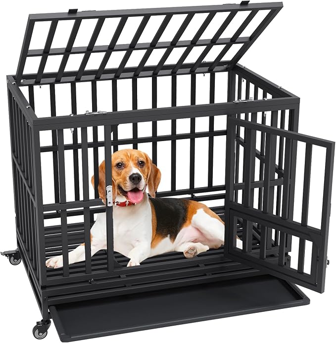 VEVOR Heavy Duty Dog Crate 38 in Metal Dog Kennel With Wheels and Removable Tray
