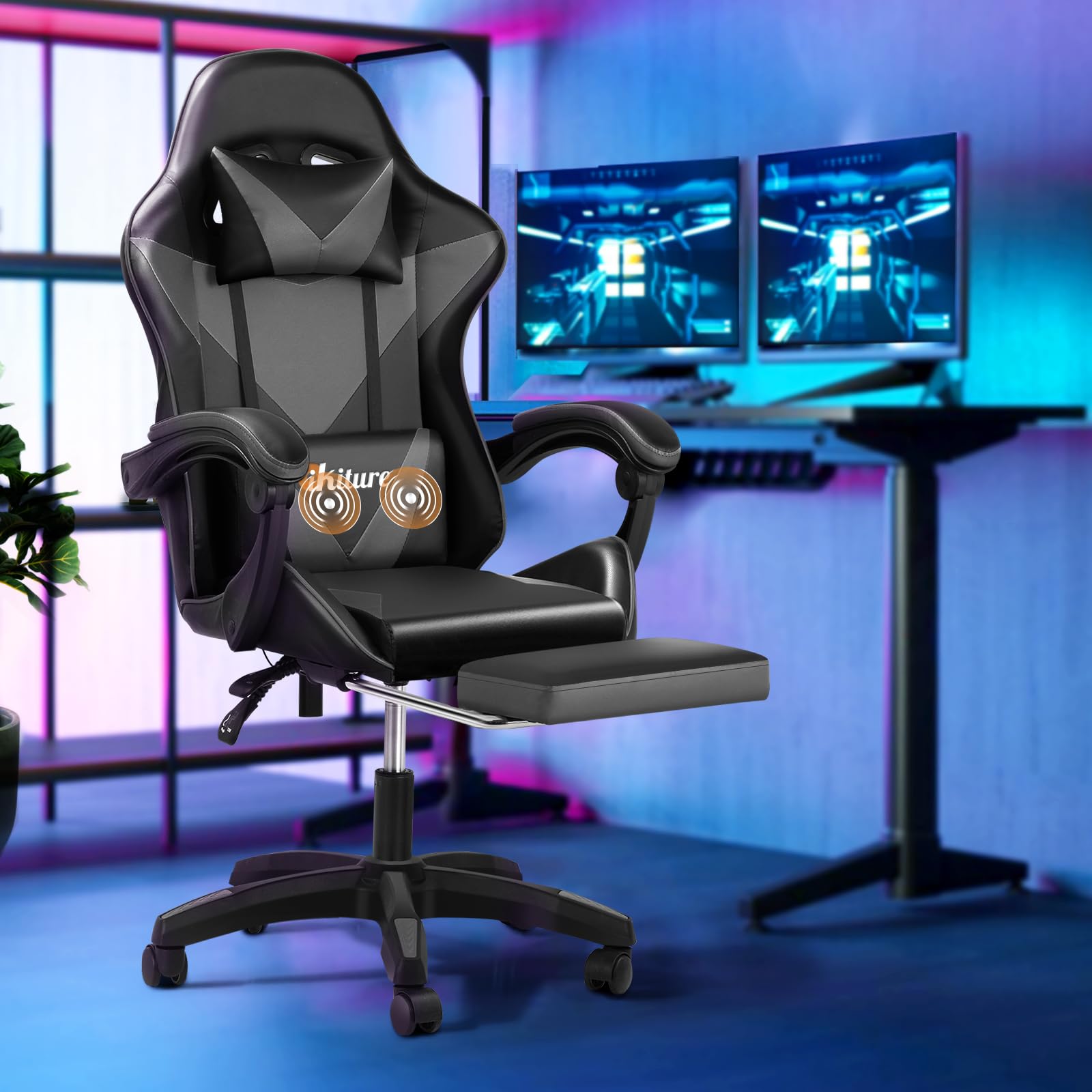 Oikiture Gaming Massage Chair Racing Recliner Black&Grey