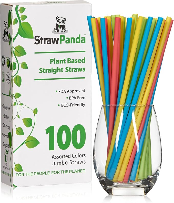 Plant Based Drinking Straws by StrawPanda- (200 Pack Individually Wrapped Flexible / Bendy Straws) 100% Compostable, An Eco Friendly Alternative To