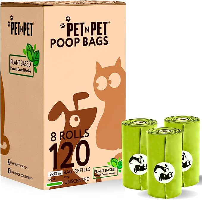 Pet N Pet Compostable Dog Poop Bags | 9" x 13" 120 Counts, 8 Rolls | EN13432 Certified Compostable Poo Bags | Thick and Leak-proof | Unscented Compos