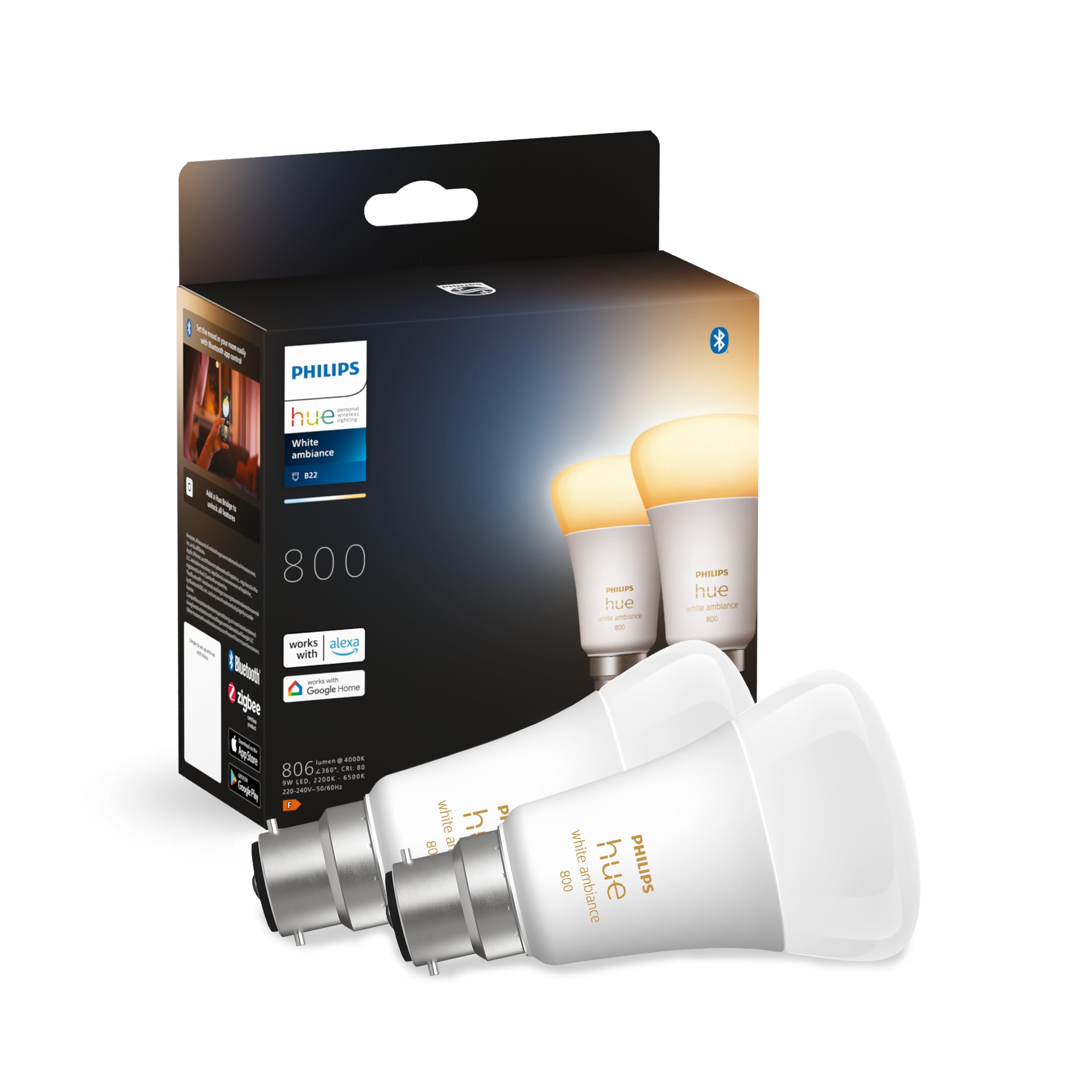 Philips Hue White Ambiance Smart Bulb Twin Pack Led [B22 Bayonet Cap] - 800 Lumens (60W equivalent). Compatible With Alexa, Google Assistant and