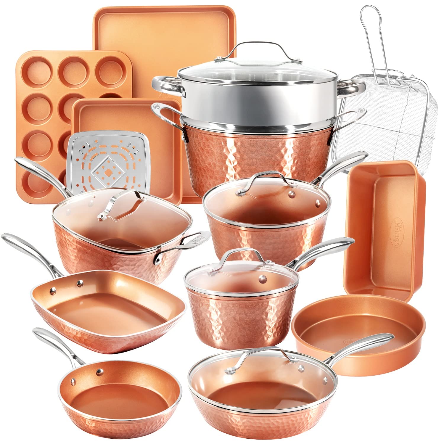 Gotham Steel Hammered Copper Collection β 20 Piece Premium Pots and Pans Set Nonstick Ceramic Cookware + Bakeware Set for Kitchen, Induction