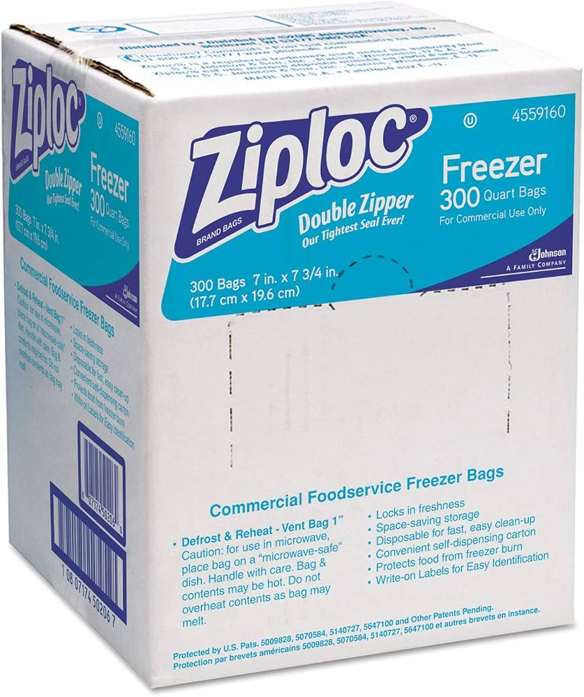 Ziploc 314444 Double Zipper Freezer Bags, 1 Qt, 2.7 mil, 6.97-Inch x 7.7-Inch, Clear, 9/Carton